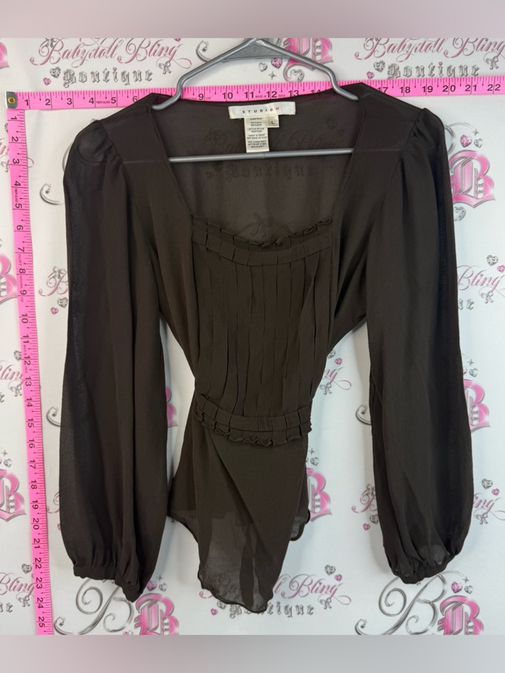 Studio M 100% silk blouse tie up waist Brown Sheer Pleated Long-Sleeve Blouse